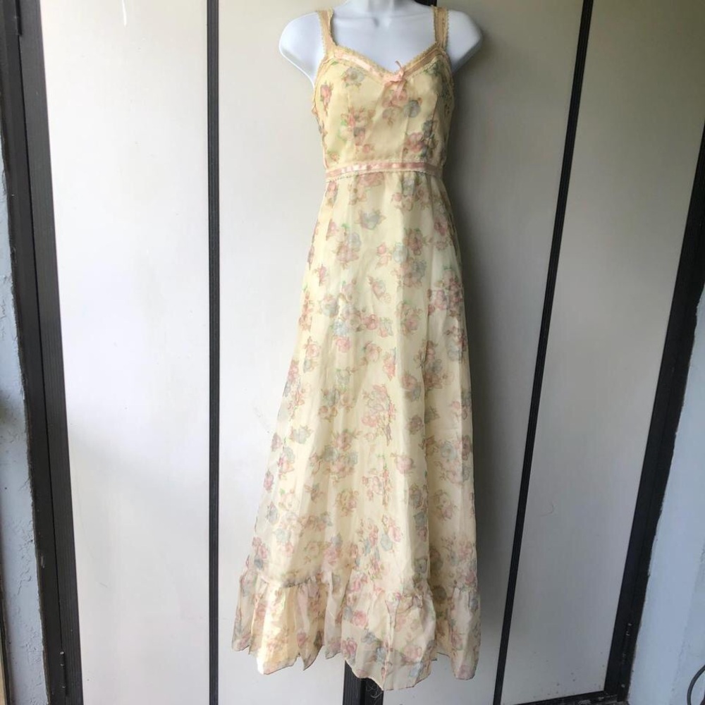 Lorrie Deb 1970s maxi ruffle prairie floral dress gown with corset top & ribbon